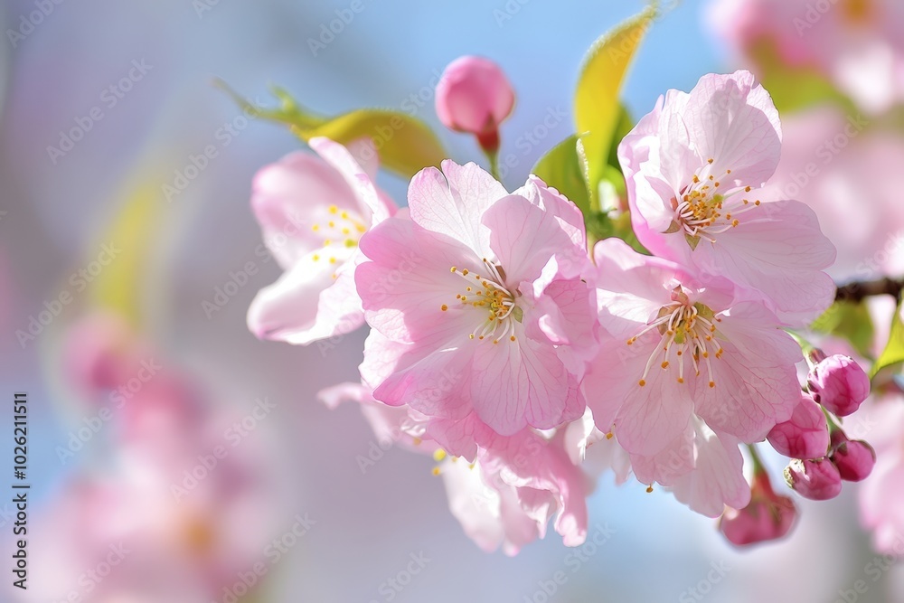 Delicate cherry blossoms bloom under the blue sky in a serene spring garden Delicate cherry blossoms bloom under the blue sky in a serene spring garden