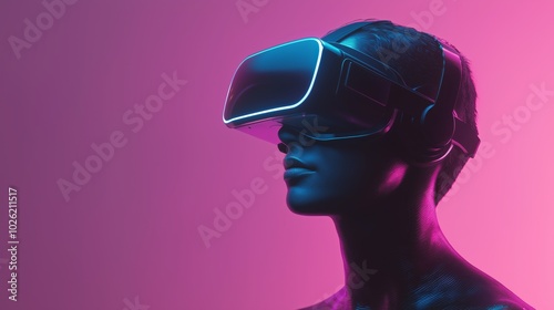 Surreal Futuristic Person Immersed in Virtual Reality with Sleek Black VR Headset and Gradient Pink Background