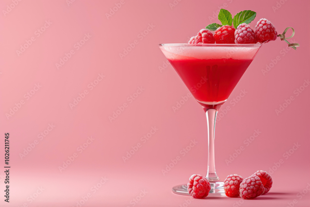 Refreshing Red Cocktail Adorned With Fresh Raspberries on a Vibrant Pink Backdrop Refreshing Red Cocktail Adorned With Fresh Raspberries on a Vibrant Pink Backdrop