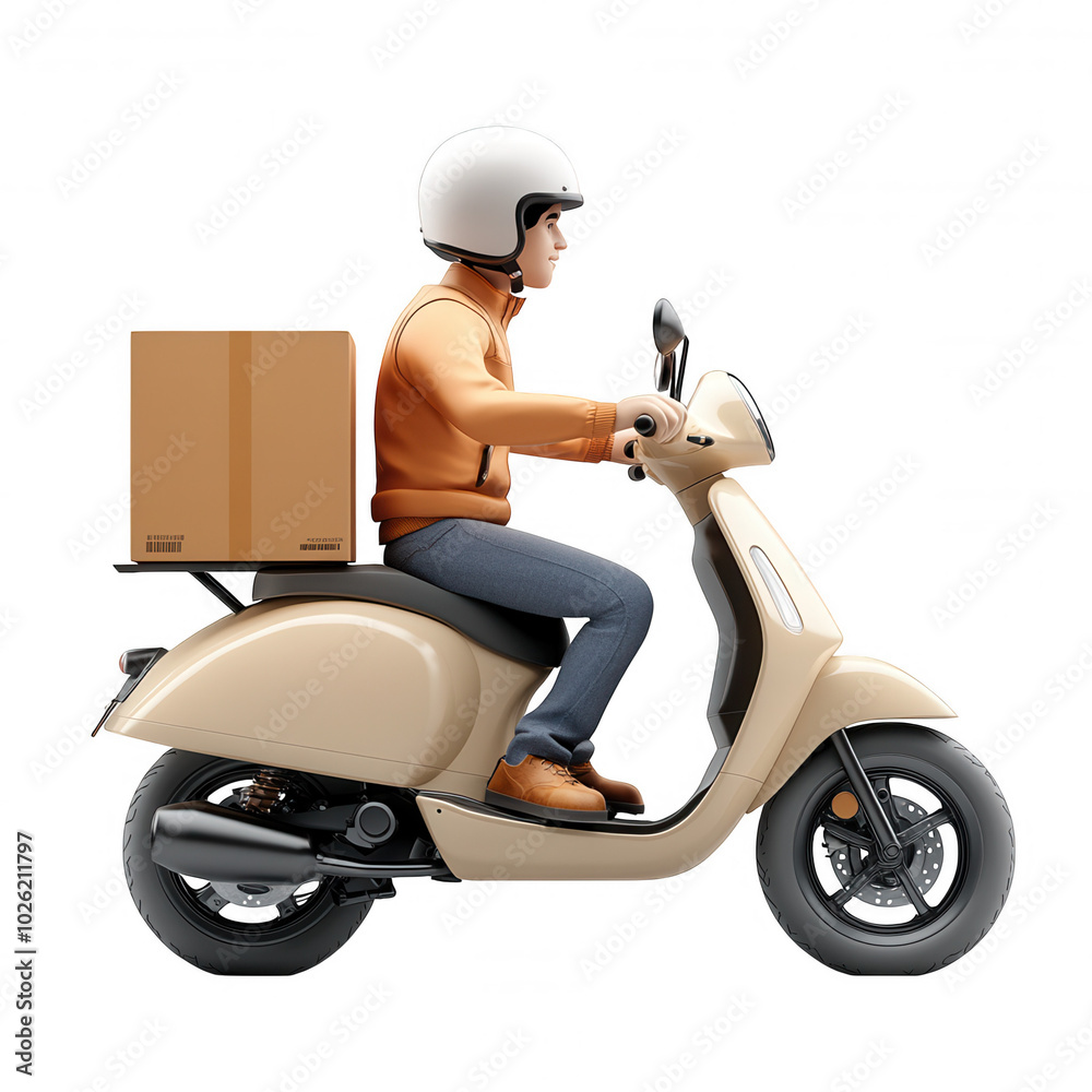 Motor Scooter Rider in Delivery Mode with White Helmet and Brown Hair Motor Scooter Rider in Delivery Mode with White Helmet and Brown Hair