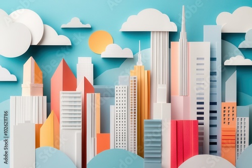 Colorful Papercraft Cityscape with Geometric Buildings