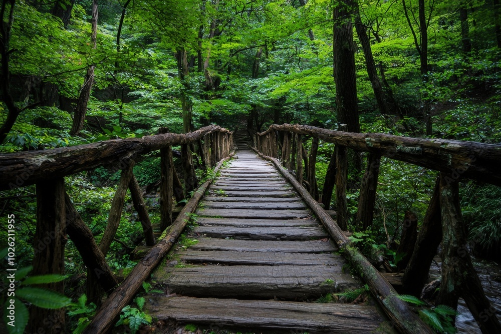 A tranquil wooden bridge winding through a lush green forest in the early morning light A tranquil wooden bridge winding through a lush green forest in the early morning light