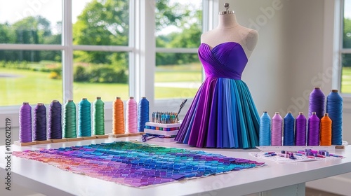 Colorful dress displayed on a mannequin with vibrant thread spools, showcasing a creative sewing workspace. photo