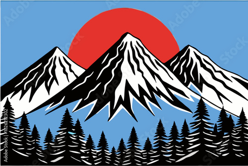 Majestic Snow-Capped Mountains with Rising Red Sun and Forest Silhouette