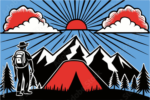 Adventurer Gazing at Sunrise Over Mountains in Retro Style Illustration