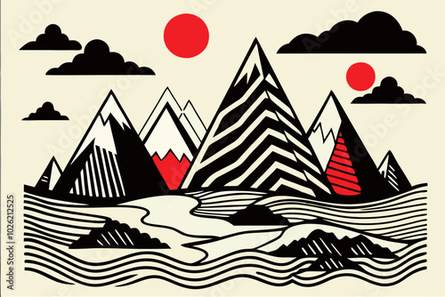 Vintage Asian Landscape with Mountains, Sun, and Waves Illustration