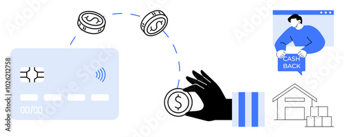 Hand holding coin near credit card with chips, coins, person with cashback speech bubble, and store with boxes. Ideal for online payments, e-commerce, cashback offers, digital wallets, financial