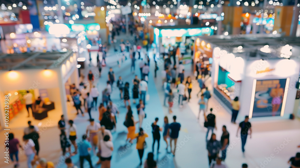 defocused Exhibition hall and booths crowded with activity and visitors, business conference, blurred background, copy space, drone view defocused Exhibition hall and booths crowded with activity and visitors, business conference, blurred background, copy space, drone view