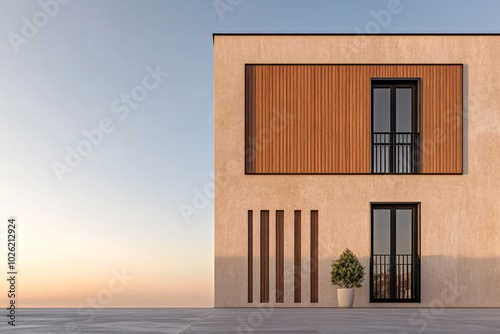 Modern minimalist building with wooden accents at sunset on a clear evening