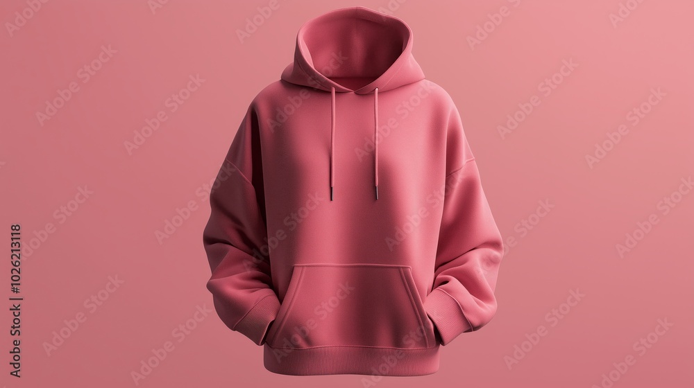 Single Pink Hoodie Centrally Positioned Against Matching Pink Background, Classic Design with Hood, Drawstrings, Front Pocket, and Relaxed Fit, Monochromatic Visual Effect Single Pink Hoodie Centrally Positioned Against Matching Pink Background, Classic Design with Hood, Drawstrings, Front Pocket, and Relaxed Fit, Monochromatic Visual Effect