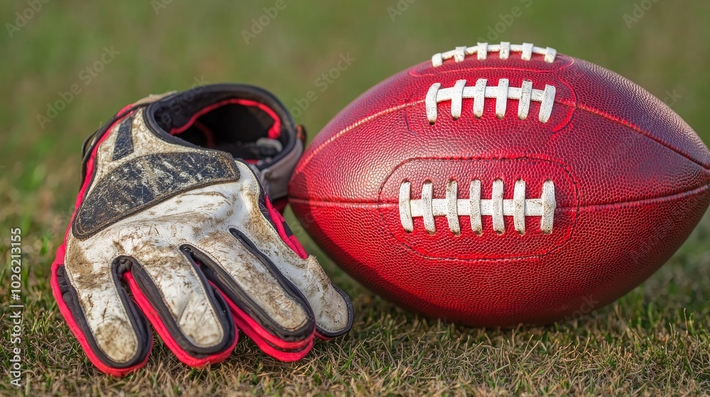 Obraz premium Football and glove on grass, ready for play.
