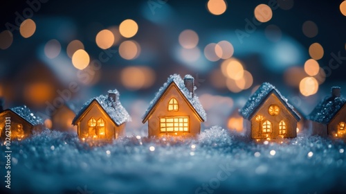 A whimsical village scene of small illuminated houses blanketed in snow, surrounded by a bokeh of twinkling lights, creating a cozy and enchanting winter ambiance.