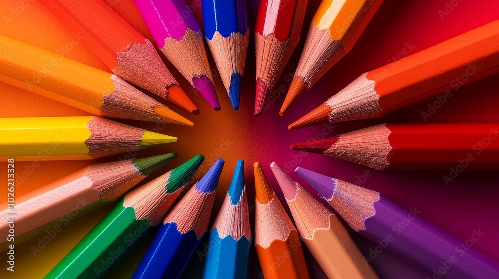 Colorful pencils arranged in a circle, showing sharp tips in a creative pattern. Colorful pencils arranged in a circle, showing sharp tips in a creative pattern.