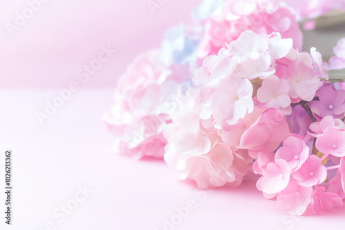 A beautiful arrangement of soft pink and white blossoms rests gently against a light pink backdrop, inviting a sense of calm and elegance to any decorative setting