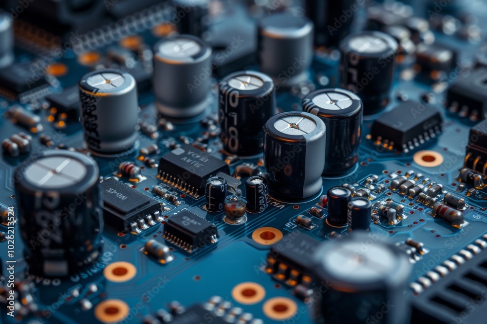 Close-up of electronic circuit board with capacitors and microchips. Close-up of electronic circuit board with capacitors and microchips.