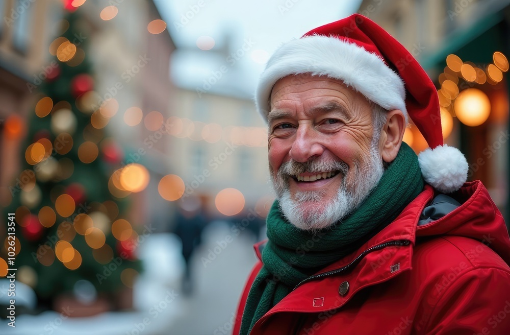 Portrait of a smiling elderly retired man in a red jacket, green scarf and Santa Claus hat on the background of a street with a Christmas tree and Christmas lights. Festive Christmas atmosphere