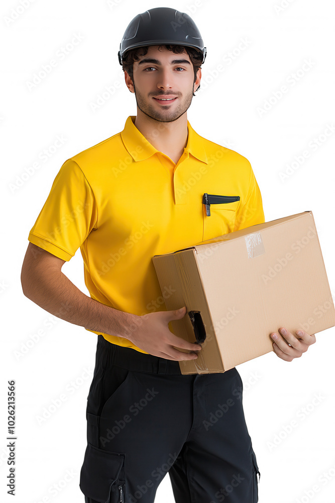 Delivery Driver in Yellow Uniform Holding Cardboard Box Delivery Driver in Yellow Uniform Holding Cardboard Box
