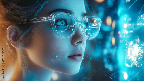 Wallpaper Mural A woman wears digital glasses and gazes at a holographic display. Futuristic technology and innovation. Generative AI. Torontodigital.ca