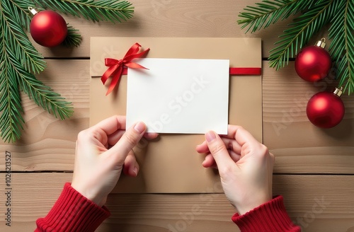 Gift certificate mockup, postcard mock up on Christmas in hand