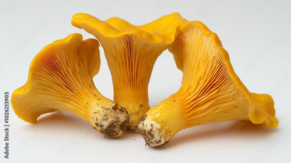 Three Bright Yellow Chanterelle Mushrooms with Distinctive Trumpet Shape and Wavy Edges Against Plain White Background, Balanced Composition Three Bright Yellow Chanterelle Mushrooms with Distinctive Trumpet Shape and Wavy Edges Against Plain White Background, Balanced Composition