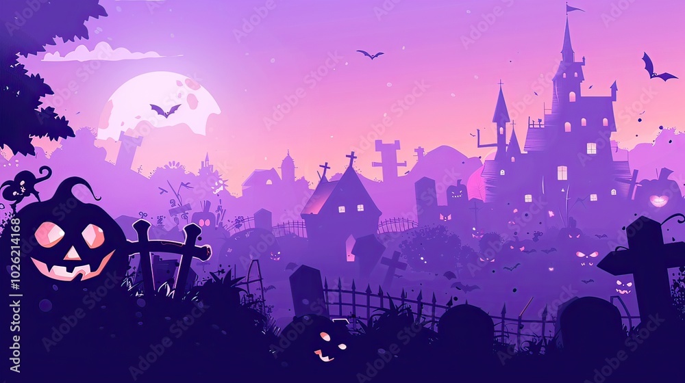 Halloween Horror: Pumpkin on Graveyard Lawn with Spooky Castle Halloween Horror: Pumpkin on Graveyard Lawn with Spooky Castle