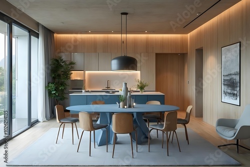 Japandi, minimalist interior design of modern living room. Dining room with blue dining table and stylish chairs