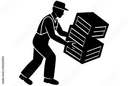 Warehouse worker loading wooden boxes vector | vector silhouette illustration on white background