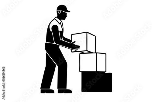 Warehouse worker loading wooden boxes vector | vector silhouette illustration on white background