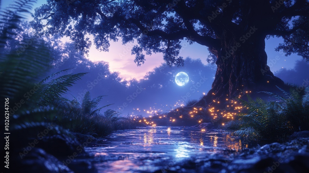 Fototapeta premium Serene Forest Night Sky with Old Tree and Meandering Stream