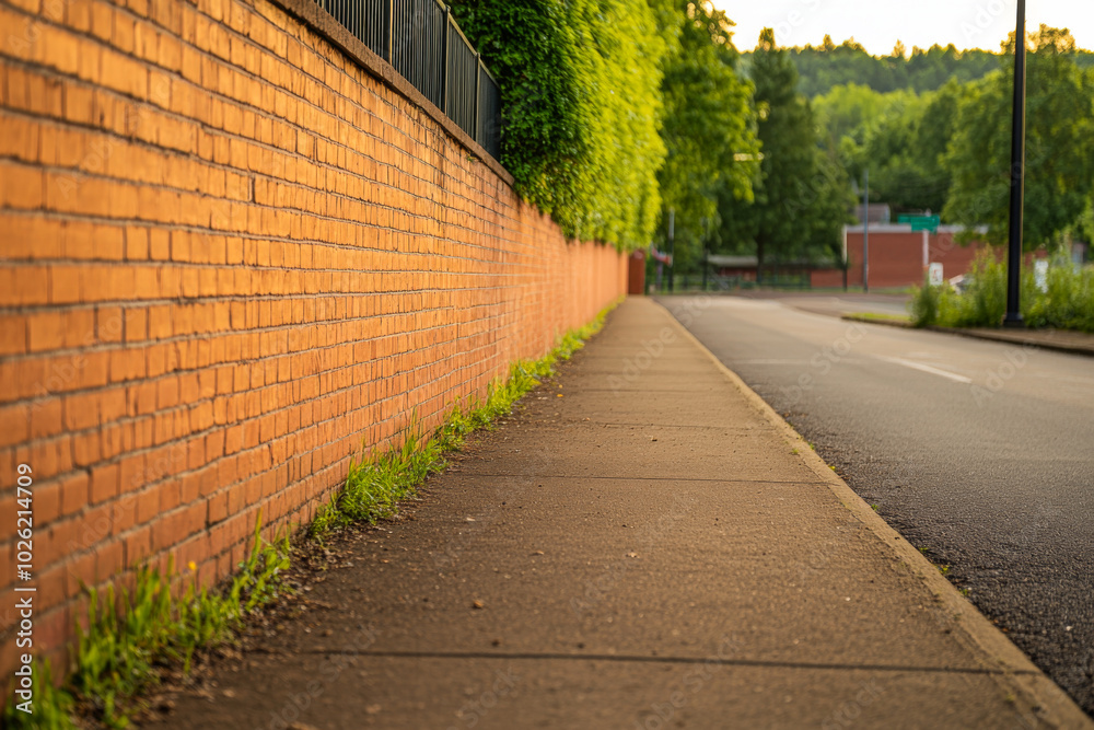 Paved walkway alongside a red brick wall during sunset in a quiet residential area Paved walkway alongside a red brick wall during sunset in a quiet residential area