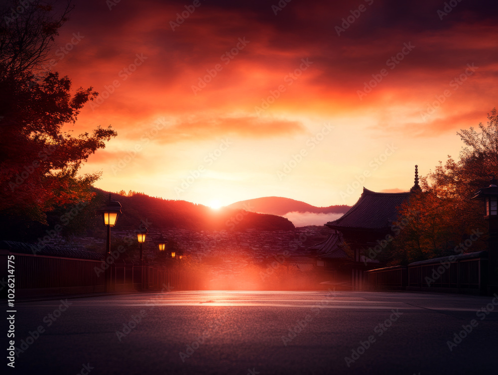 Obraz premium Stunning sunset over a serene bridge in a traditional Japanese landscape during autumn