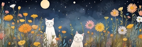 Cats illustration art painting, group of cats in flower garden at night