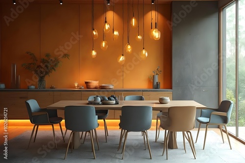 Japandi, minimalist interior design of modern living room. Dining room with blue dining table and stylish chairs