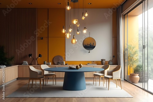 Japandi, minimalist interior design of modern living room. Dining room with blue dining table and stylish chairs