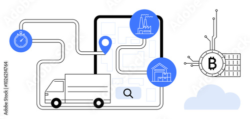 Elements include a truck, a map with route markers, factory and warehouse icons, a stopwatch, and a blockchain symbol. Ideal for logistics, supply chain, blockchain technology, digital economy