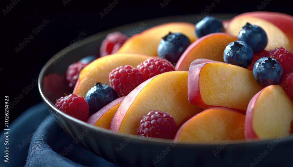 A vibrant bowl of sliced apples, blueberries, and raspberries, showcasing fresh fruit in an appealing arrangement. A vibrant bowl of sliced apples, blueberries, and raspberries, showcasing fresh fruit in an appealing arrangement.
