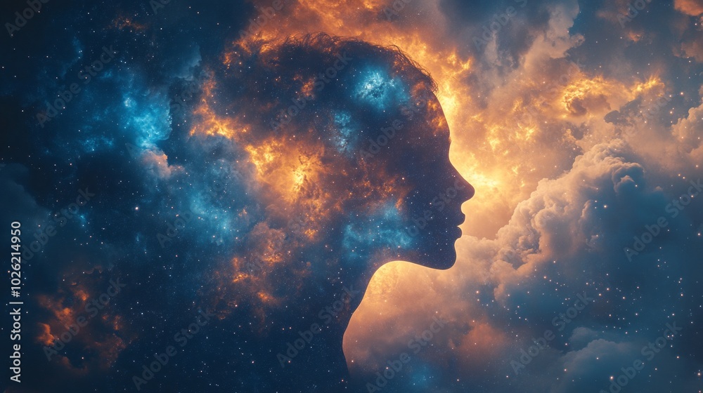 A person's face is shown in a cloud of stars and clouds A person's face is shown in a cloud of stars and clouds