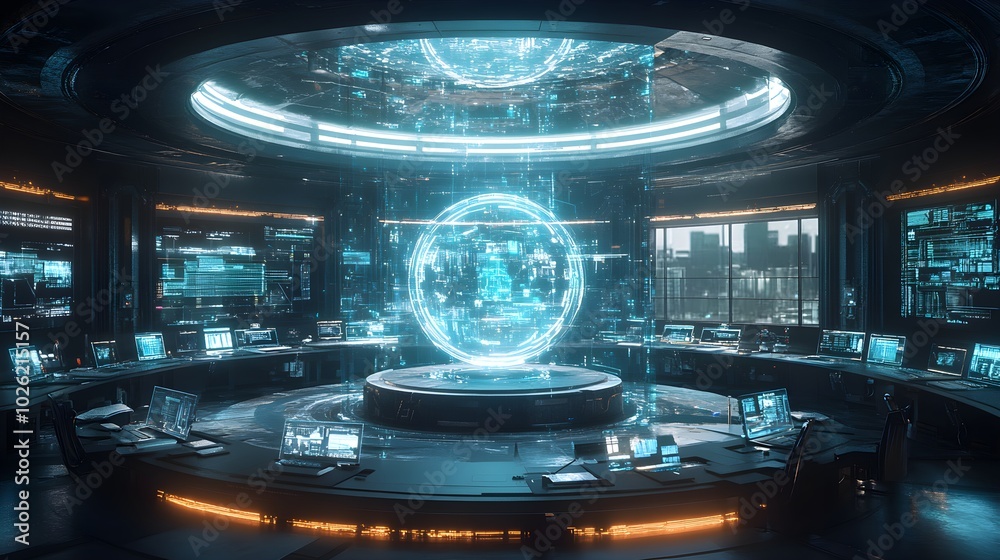 Obraz premium A high-tech circular lab with glass walls, interactive workstations surrounding a central AI-powered experiment pod, softly glowing in blue and white light
