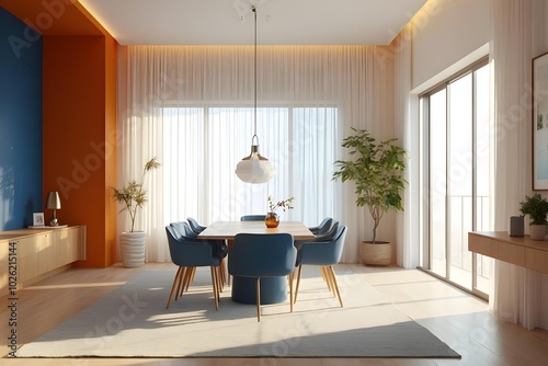 Japandi, minimalist interior design of modern living room. Dining room with blue dining table and stylish chairs