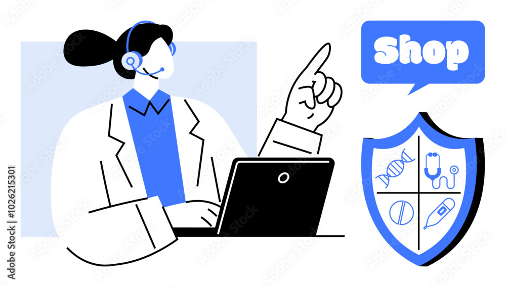 Customer support agent with headset gestures toward a shop sign near a shield featuring medical icons while using a laptop. Ideal for online healthcare, customer service, e-commerce, telemedicine Customer support agent with headset gestures toward a shop sign near a shield featuring medical icons while using a laptop. Ideal for online healthcare, customer service, e-commerce, telemedicine