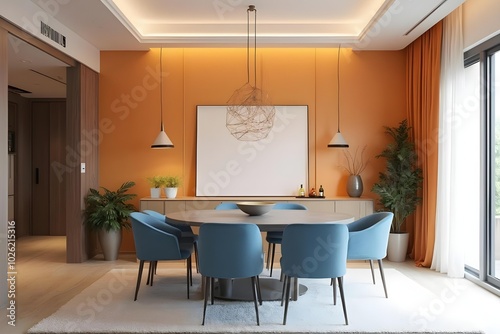 Japandi, minimalist interior design of modern living room. Dining room with blue dining table and stylish chairs