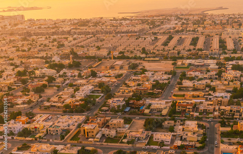Photography Aerial View of Urban Landscape at Sunset in Dubai