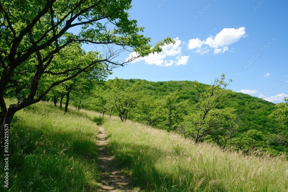 A serene hiking trail meanders through lush green hills under a bright blue sky A serene hiking trail meanders through lush green hills under a bright blue sky