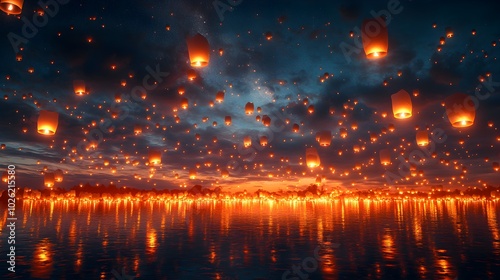 A mesmerizing scene of hundreds of glowing lanterns forming a circular pattern as they ascend into the starry night sky, soft warm light illuminating the dark photo