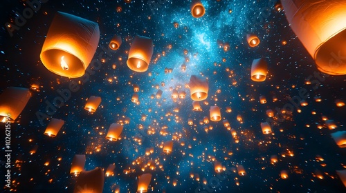 A mesmerizing scene of hundreds of glowing lanterns forming a circular pattern as they ascend into the starry night sky, soft warm light illuminating the dark photo