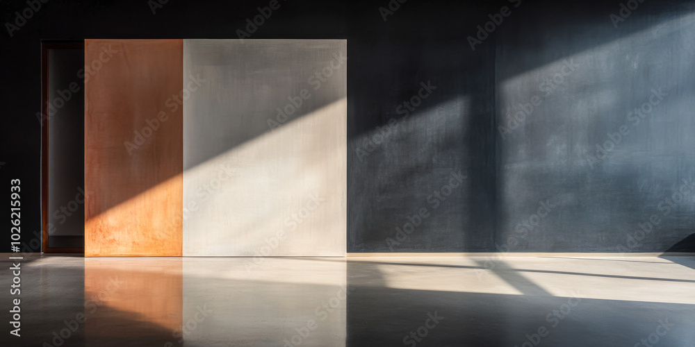Modern minimalist interior with contrasting wall textures and sunlight in a spacious room Modern minimalist interior with contrasting wall textures and sunlight in a spacious room