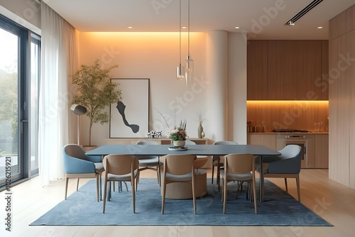 Japandi, minimalist interior design of modern living room. Dining room with blue dining table and stylish chairs
