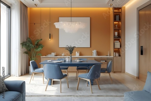 Japandi, minimalist interior design of modern living room. Dining room with blue dining table and stylish chairs