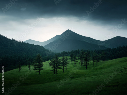 Lush green valley with trees under a dramatic sky in the mountains during early evening light