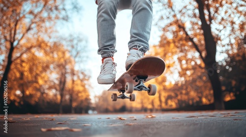 Man skateboarding in park, bright day, clean background, spacious composition